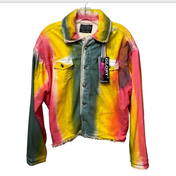 Glory Denim Trucker Jacket Tie Dye  sherpa lined fray hem stretch Size 2X Large - Picture 5 of 17